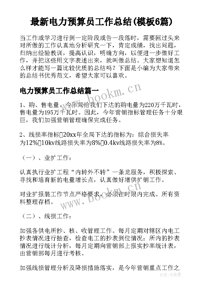 最新电力预算员工作总结(模板6篇)