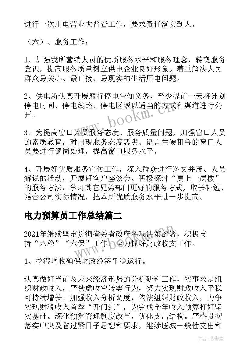 最新电力预算员工作总结(模板6篇)