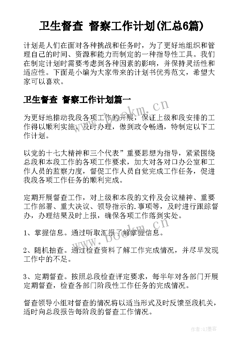 卫生督查 督察工作计划(汇总6篇)