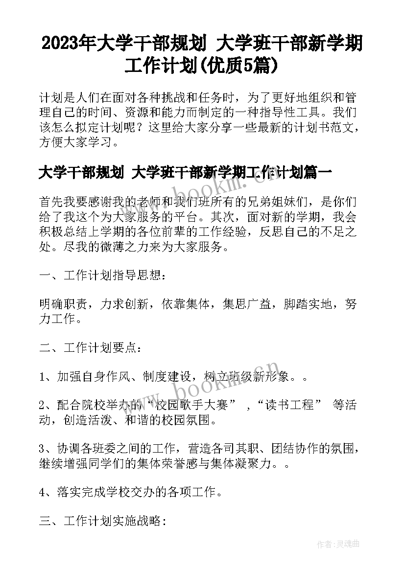 2023年大学干部规划 大学班干部新学期工作计划(优质5篇)