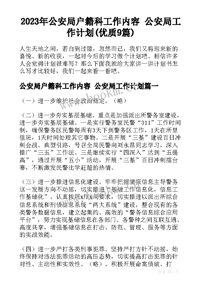 2023年公安局户籍科工作内容 公安局工作计划(优质9篇)