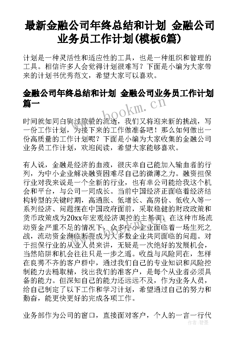 最新金融公司年终总结和计划 金融公司业务员工作计划(模板6篇)