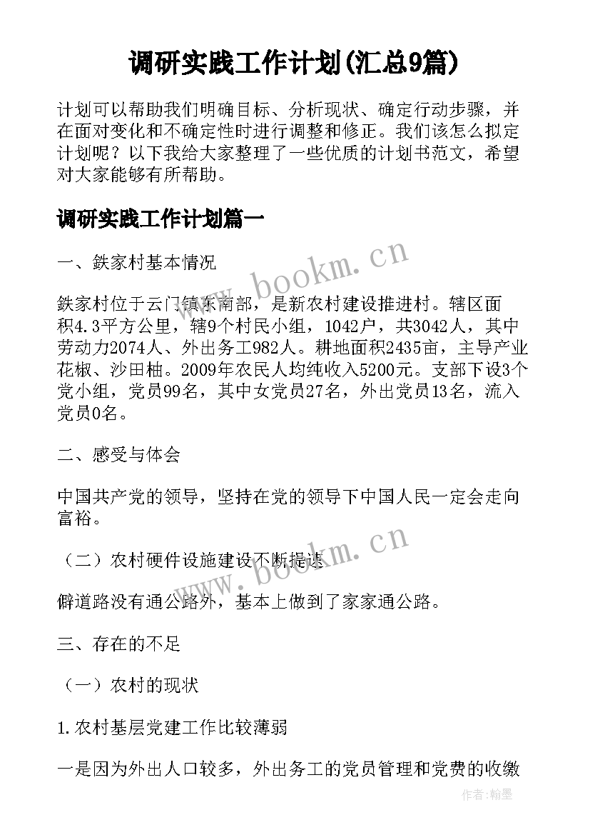 调研实践工作计划(汇总9篇)