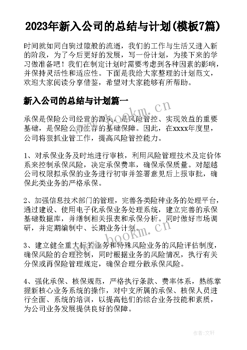 2023年新入公司的总结与计划(模板7篇)