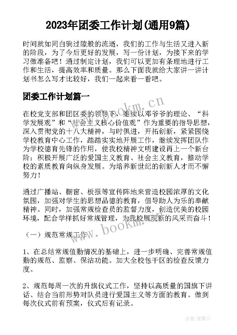 2023年团委工作计划(通用9篇)