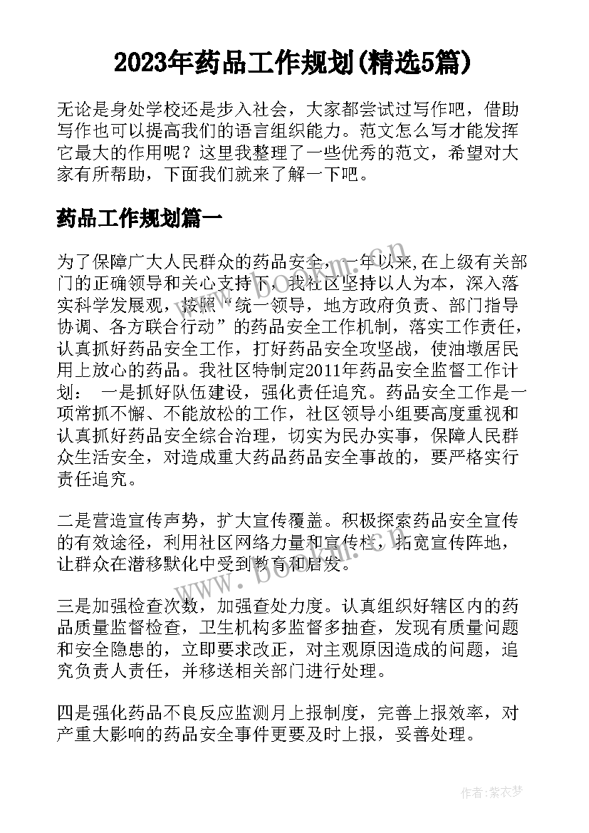 2023年药品工作规划(精选5篇)