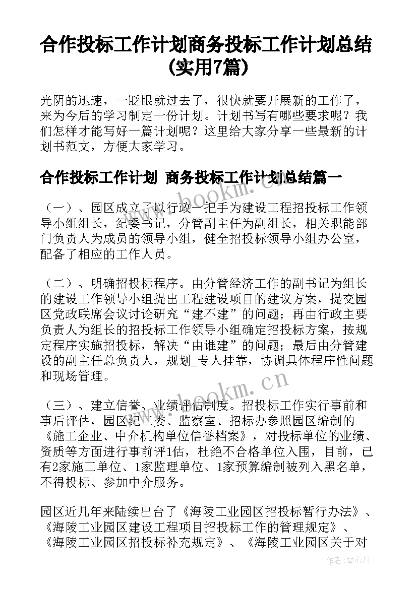 合作投标工作计划 商务投标工作计划总结(实用7篇)