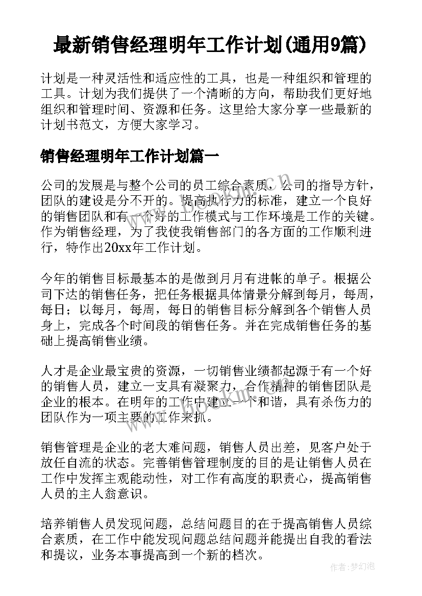 最新销售经理明年工作计划(通用9篇)