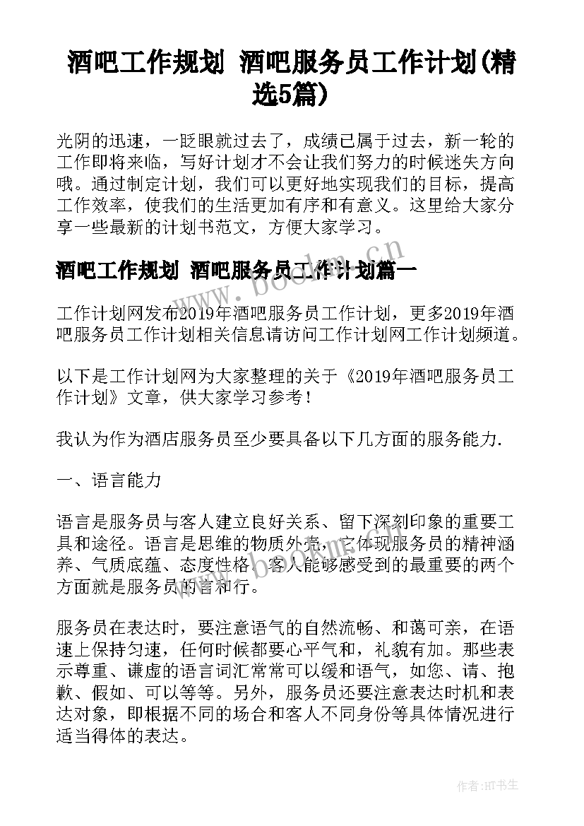 酒吧工作规划 酒吧服务员工作计划(精选5篇)