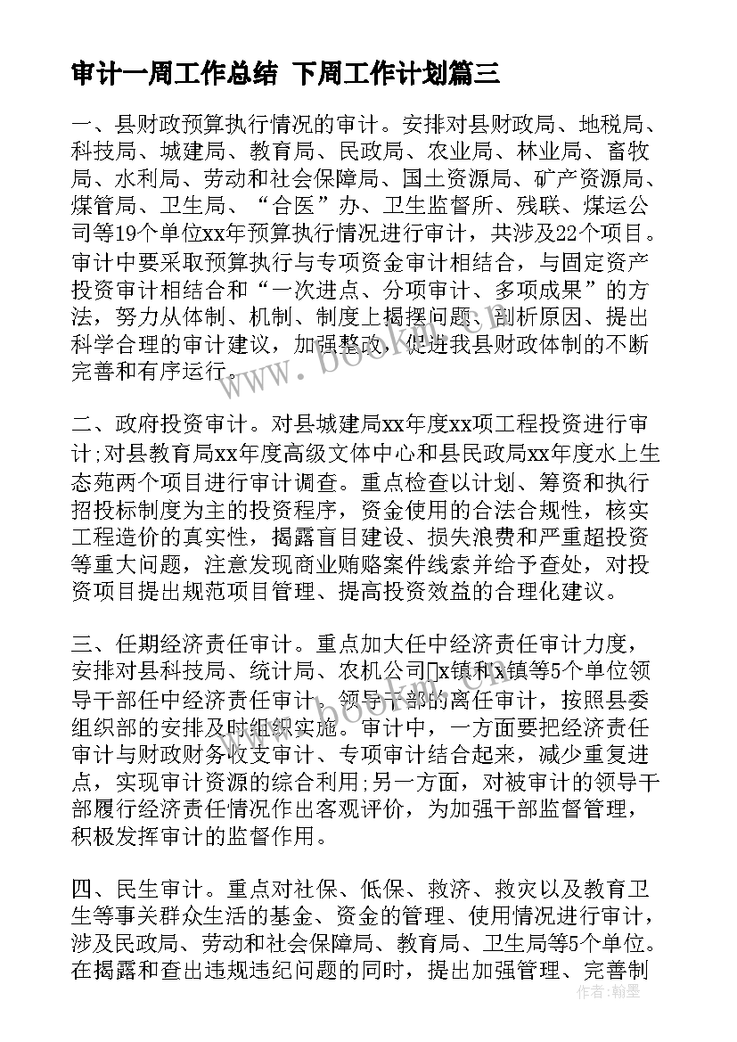 最新审计一周工作总结 下周工作计划(优秀9篇)