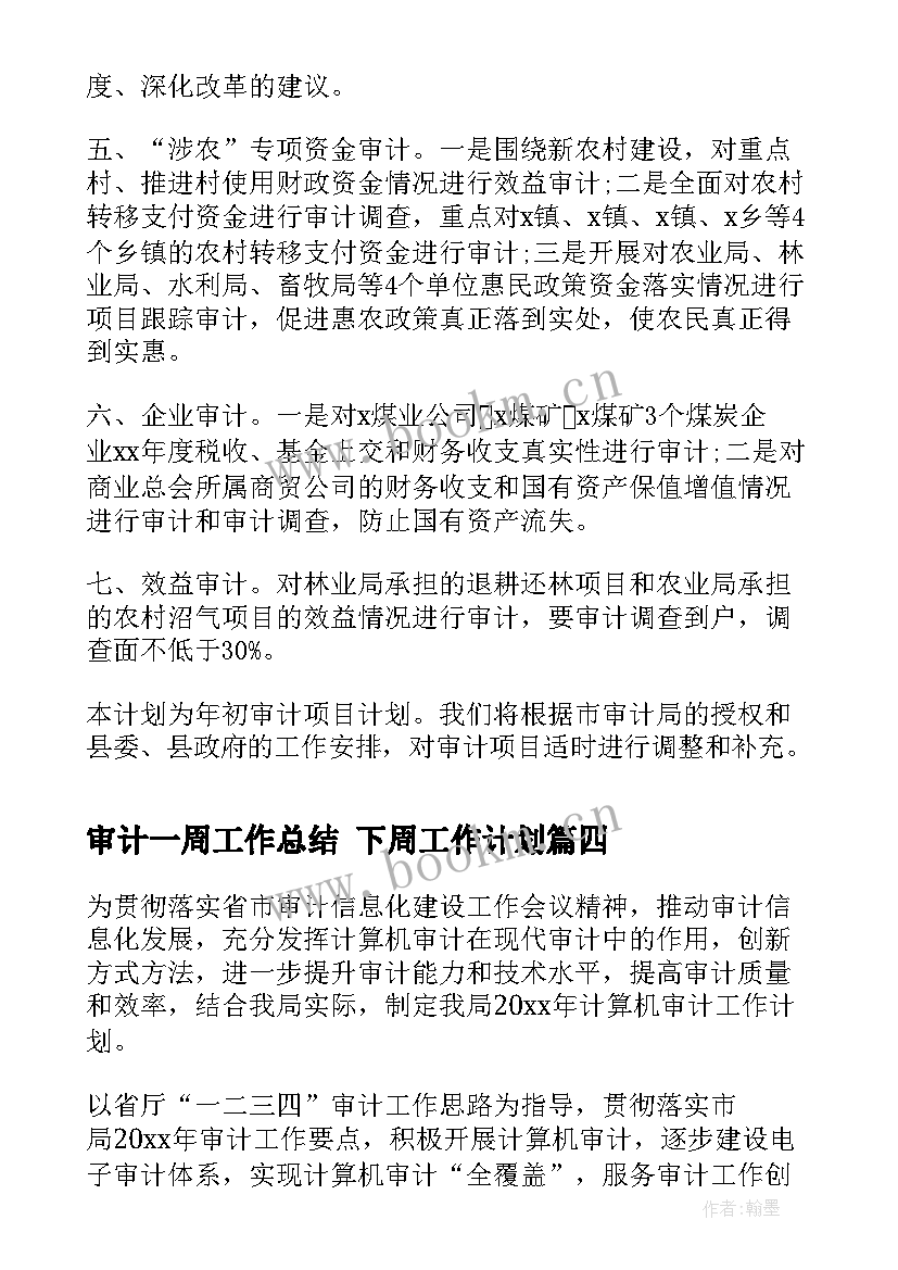 最新审计一周工作总结 下周工作计划(优秀9篇)