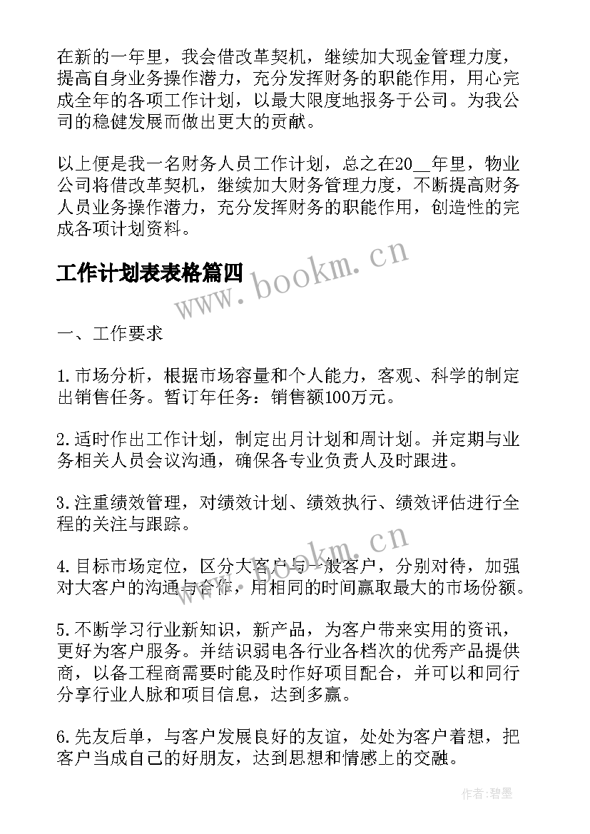 2023年工作计划表表格(优秀10篇)