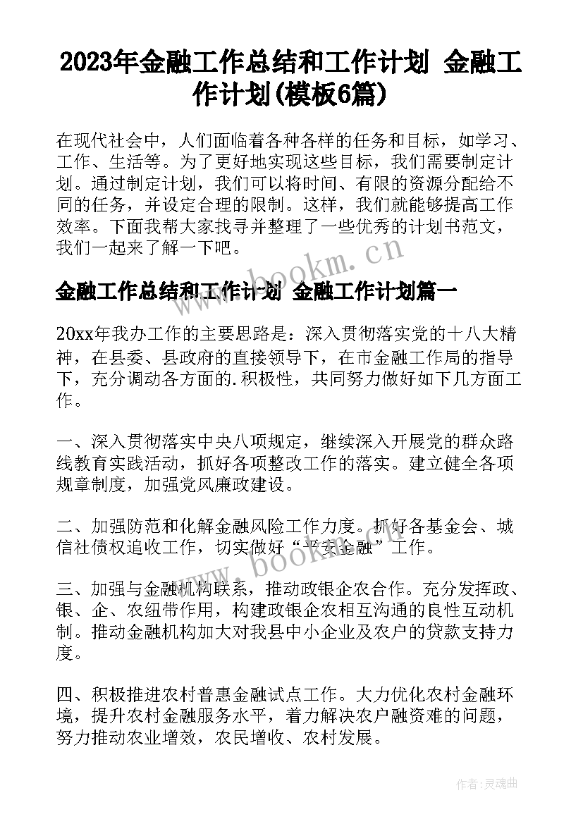 2023年金融工作总结和工作计划 金融工作计划(模板6篇)