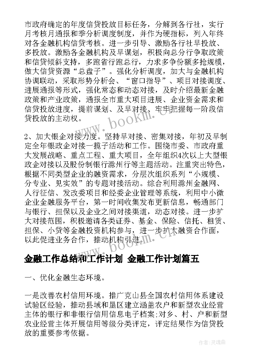 2023年金融工作总结和工作计划 金融工作计划(模板6篇)