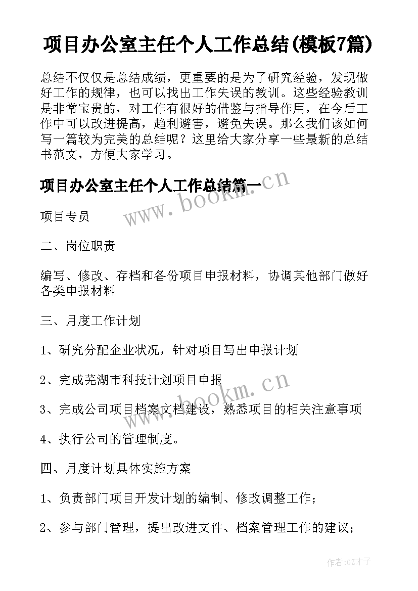 项目办公室主任个人工作总结(模板7篇)