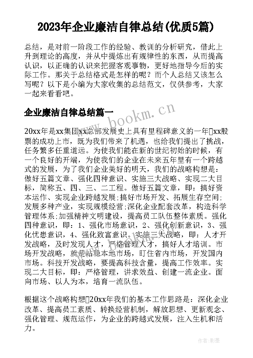 2023年企业廉洁自律总结(优质5篇)