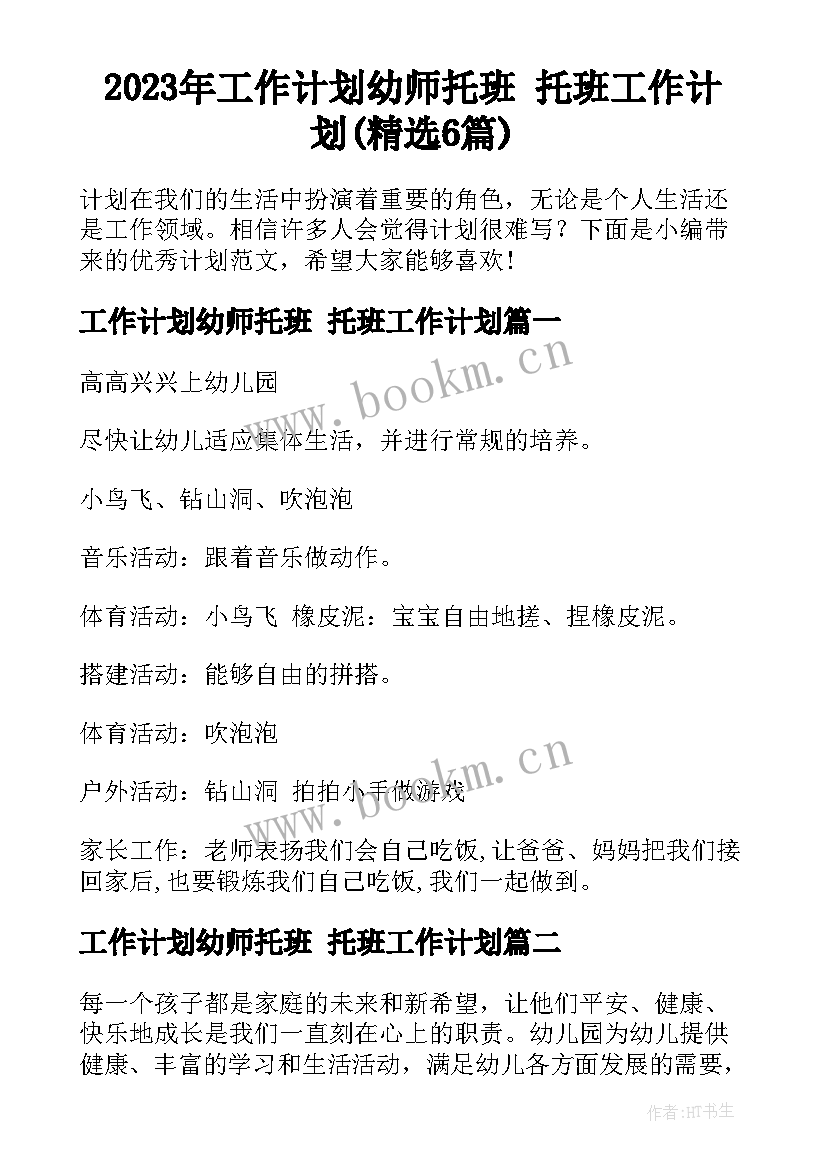 2023年工作计划幼师托班 托班工作计划(精选6篇)