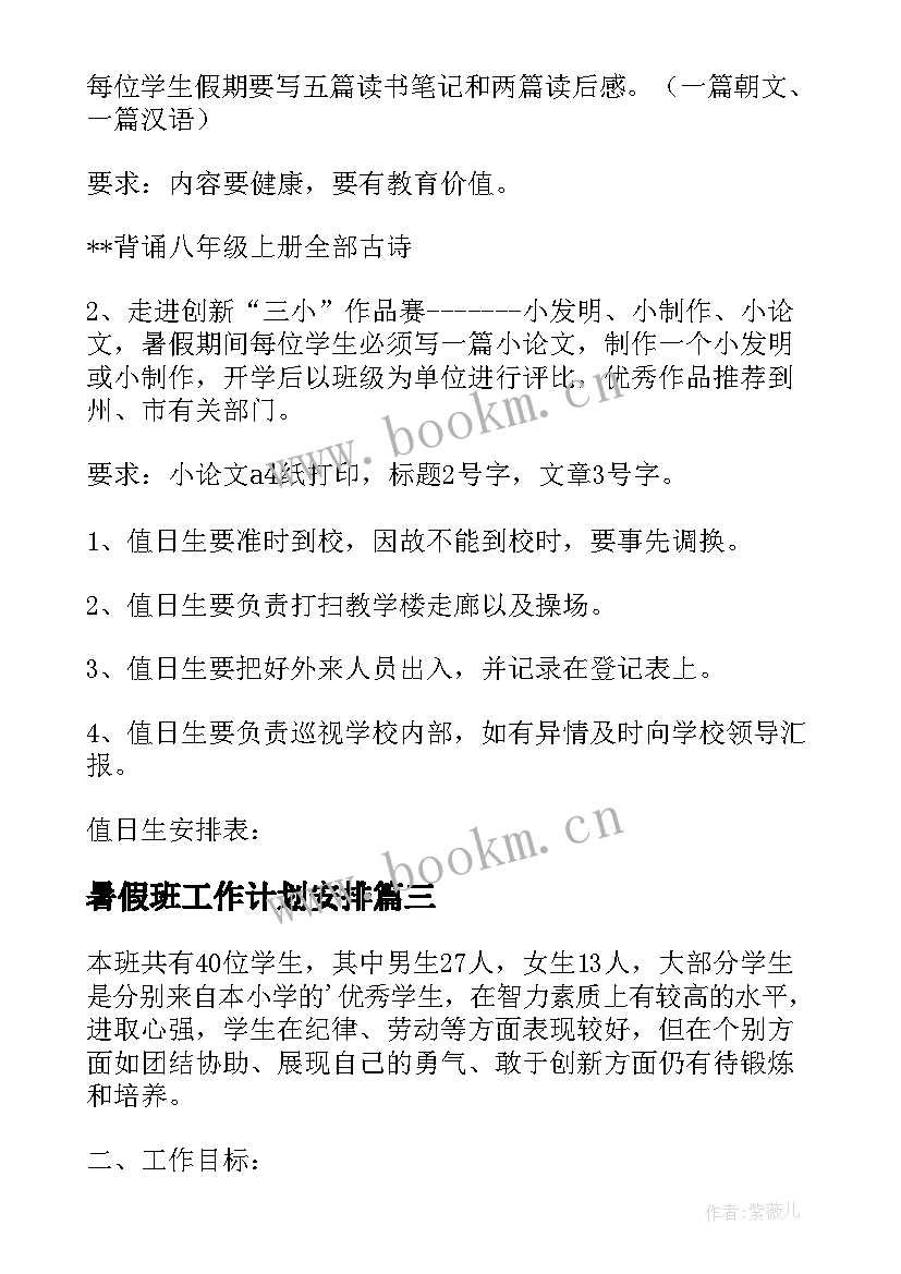 暑假班工作计划安排(汇总9篇)