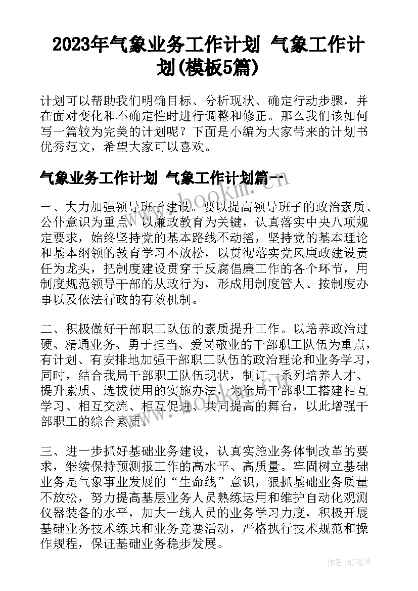 2023年气象业务工作计划 气象工作计划(模板5篇)