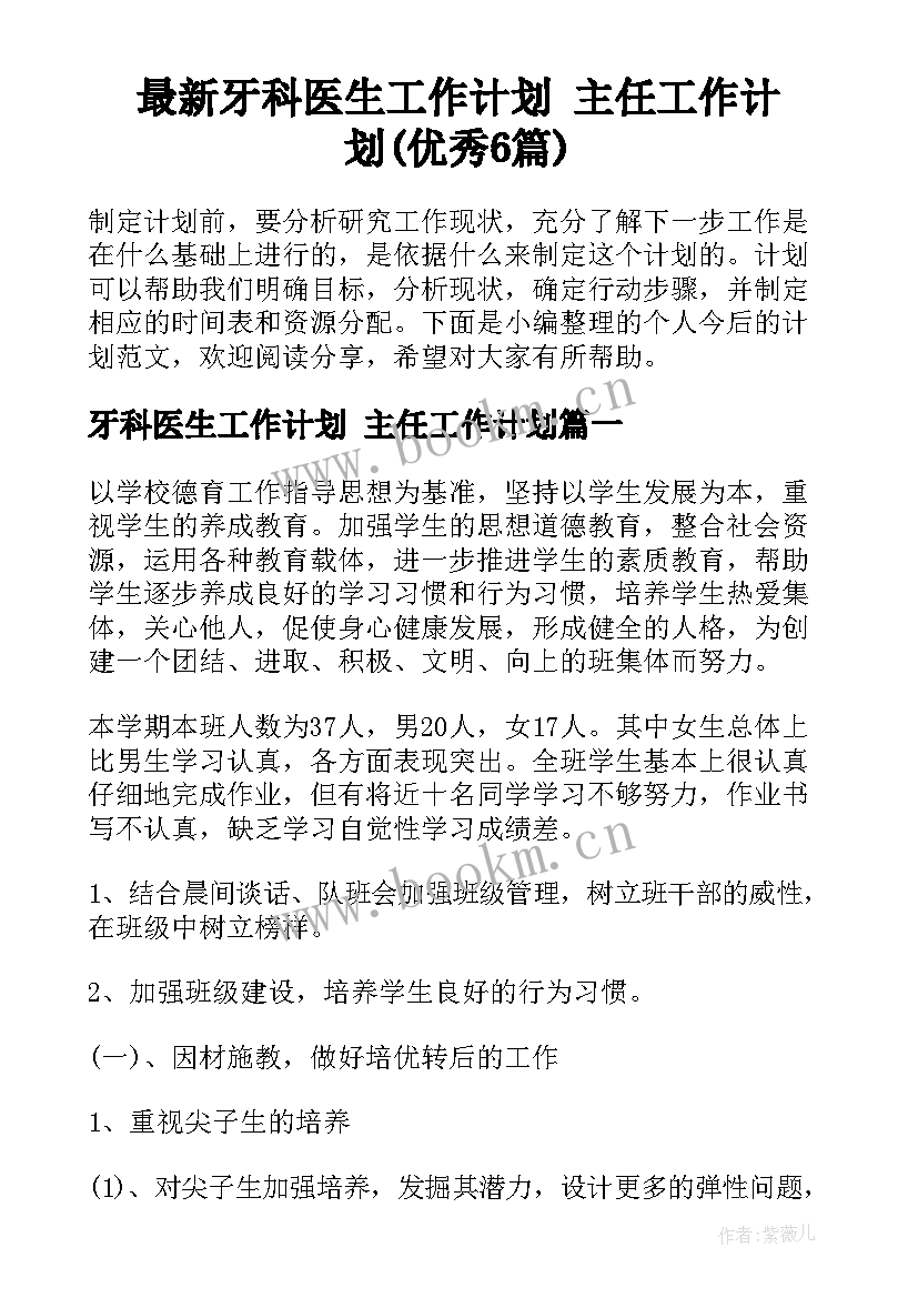 最新牙科医生工作计划 主任工作计划(优秀6篇)