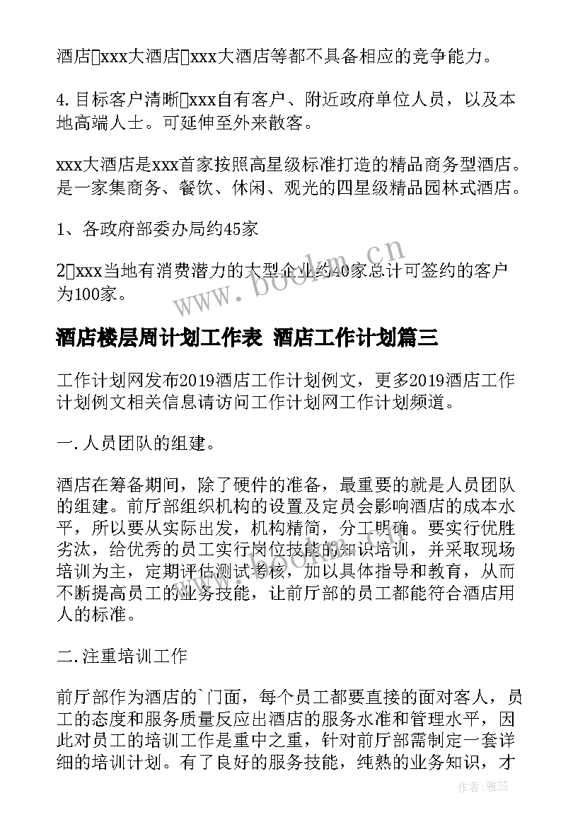 酒店楼层周计划工作表 酒店工作计划(精选6篇)