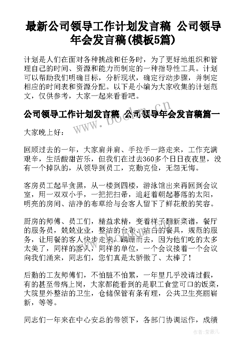 最新公司领导工作计划发言稿 公司领导年会发言稿(模板5篇)