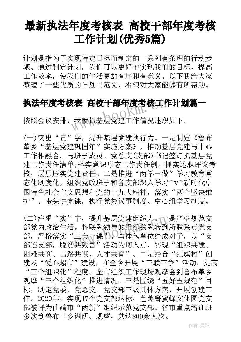 最新执法年度考核表 高校干部年度考核工作计划(优秀5篇)