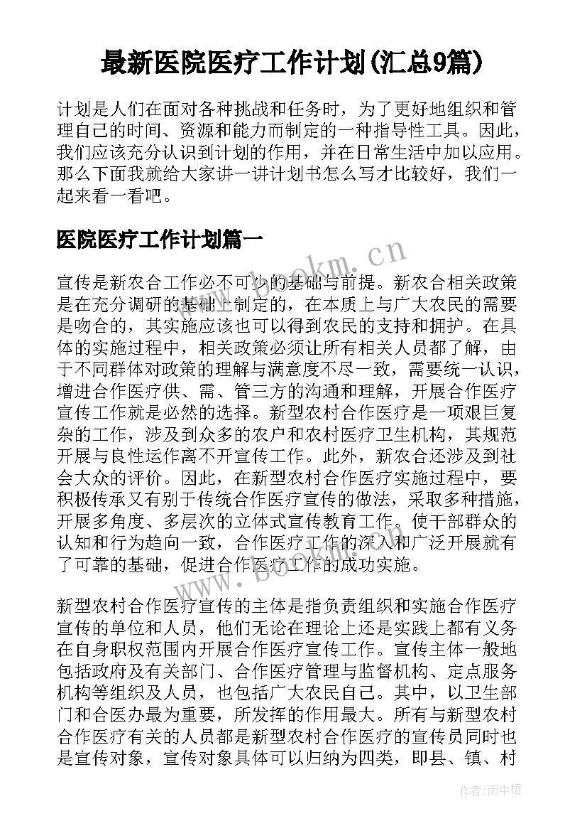 最新医院医疗工作计划(汇总9篇)