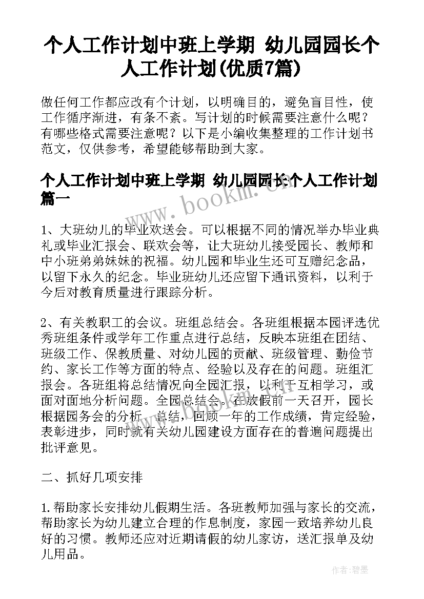 个人工作计划中班上学期 幼儿园园长个人工作计划(优质7篇)