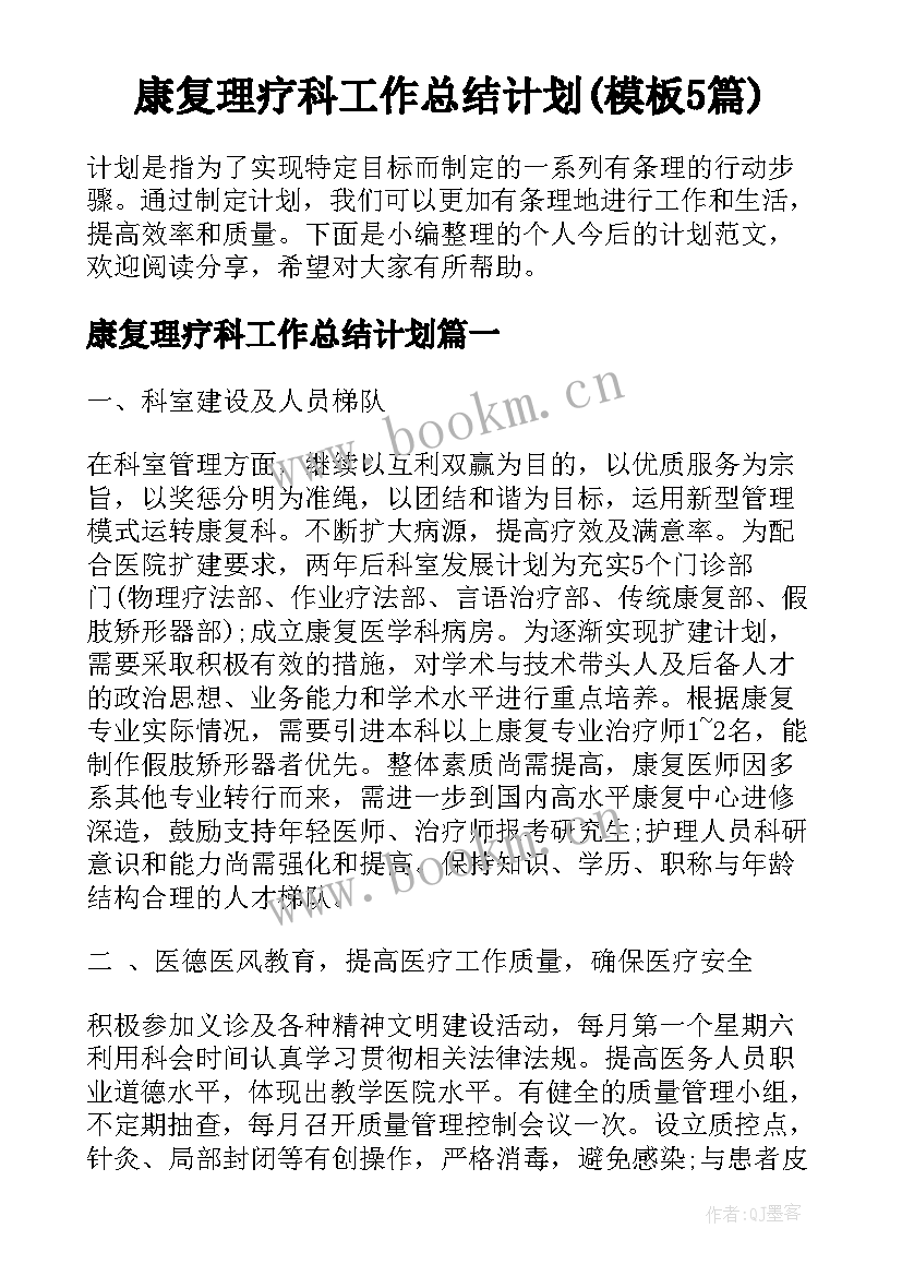 康复理疗科工作总结计划(模板5篇)