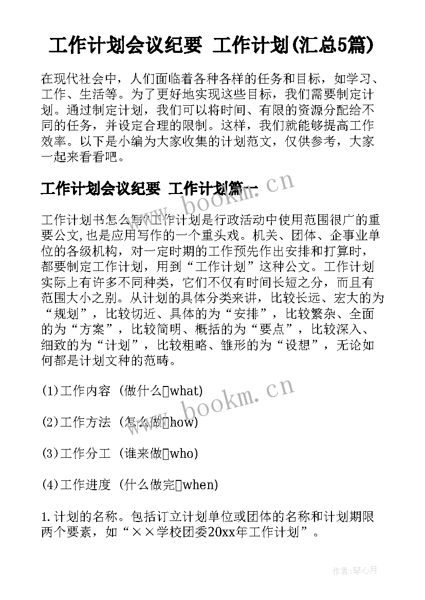 工作计划会议纪要 工作计划(汇总5篇)