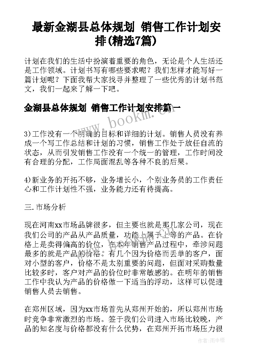 最新金湖县总体规划 销售工作计划安排(精选7篇)