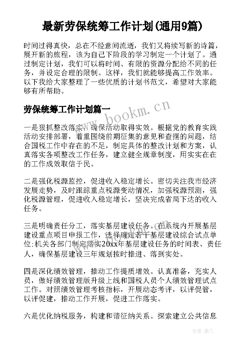 最新劳保统筹工作计划(通用9篇)