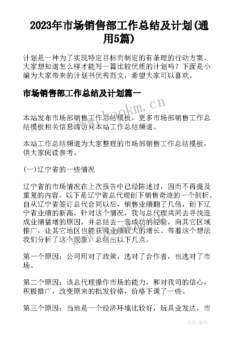 2023年市场销售部工作总结及计划(通用5篇)