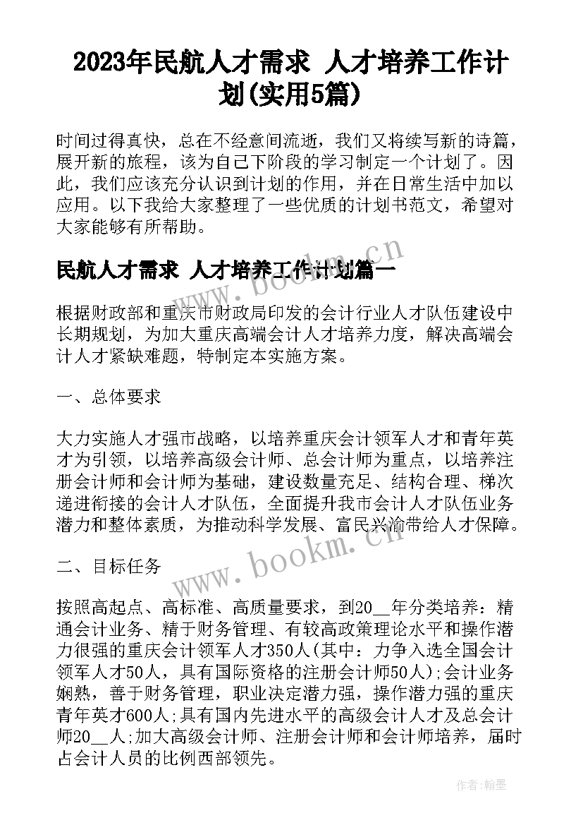 2023年民航人才需求 人才培养工作计划(实用5篇)