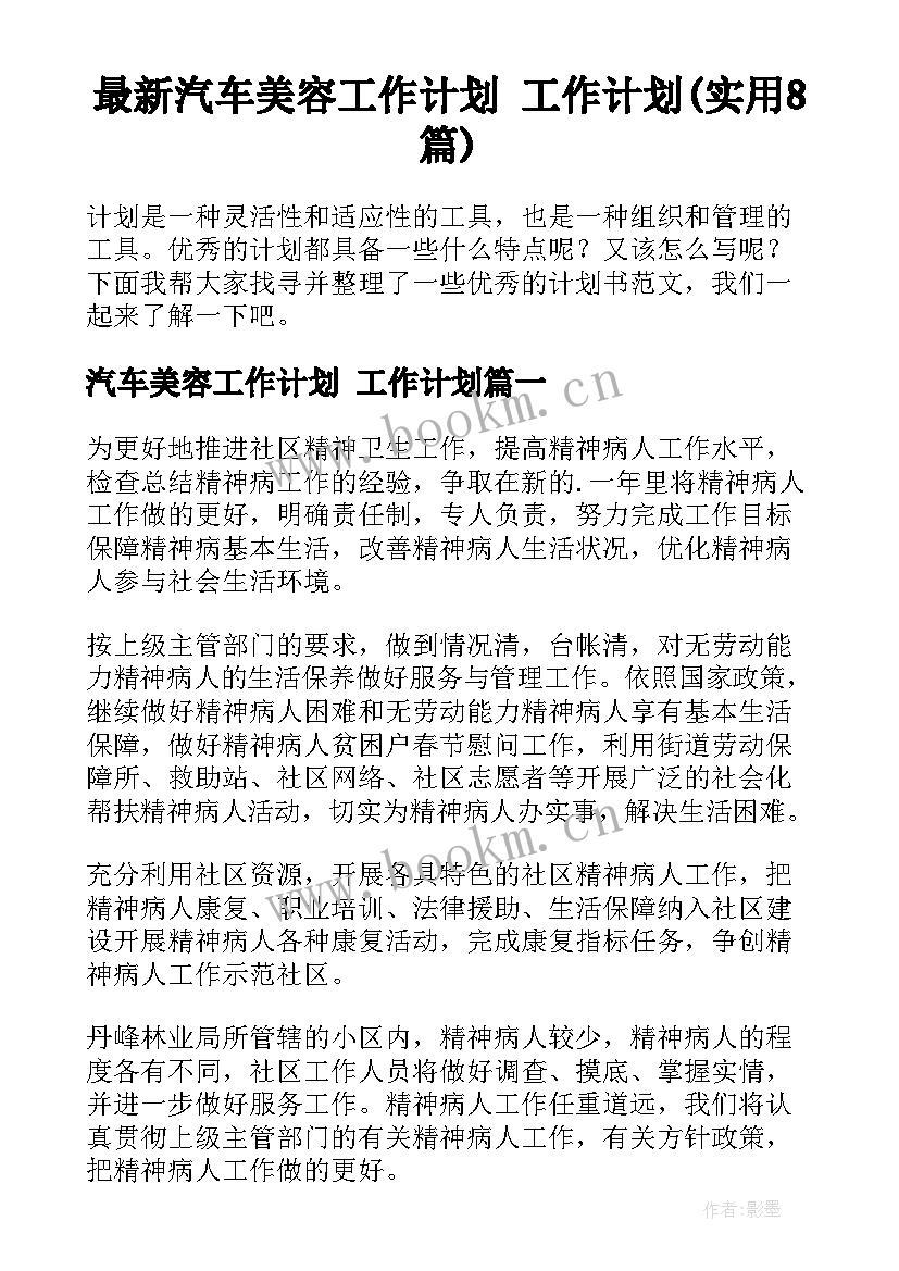 最新汽车美容工作计划 工作计划(实用8篇)