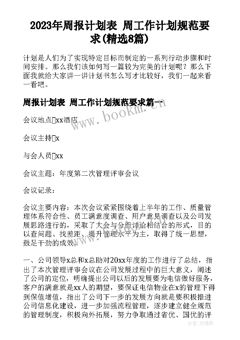 2023年周报计划表 周工作计划规范要求(精选8篇)