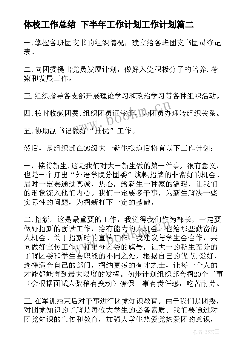 体校工作总结 下半年工作计划工作计划(实用5篇)