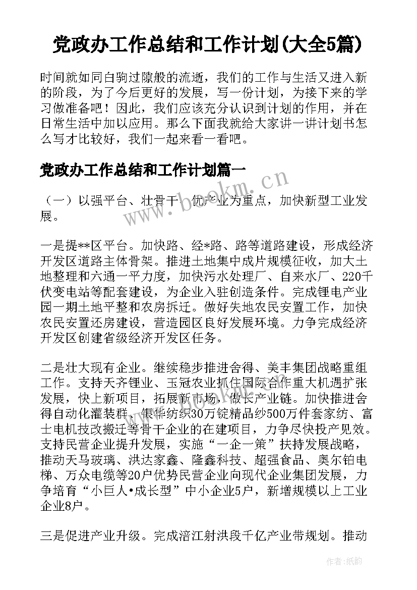 党政办工作总结和工作计划(大全5篇)