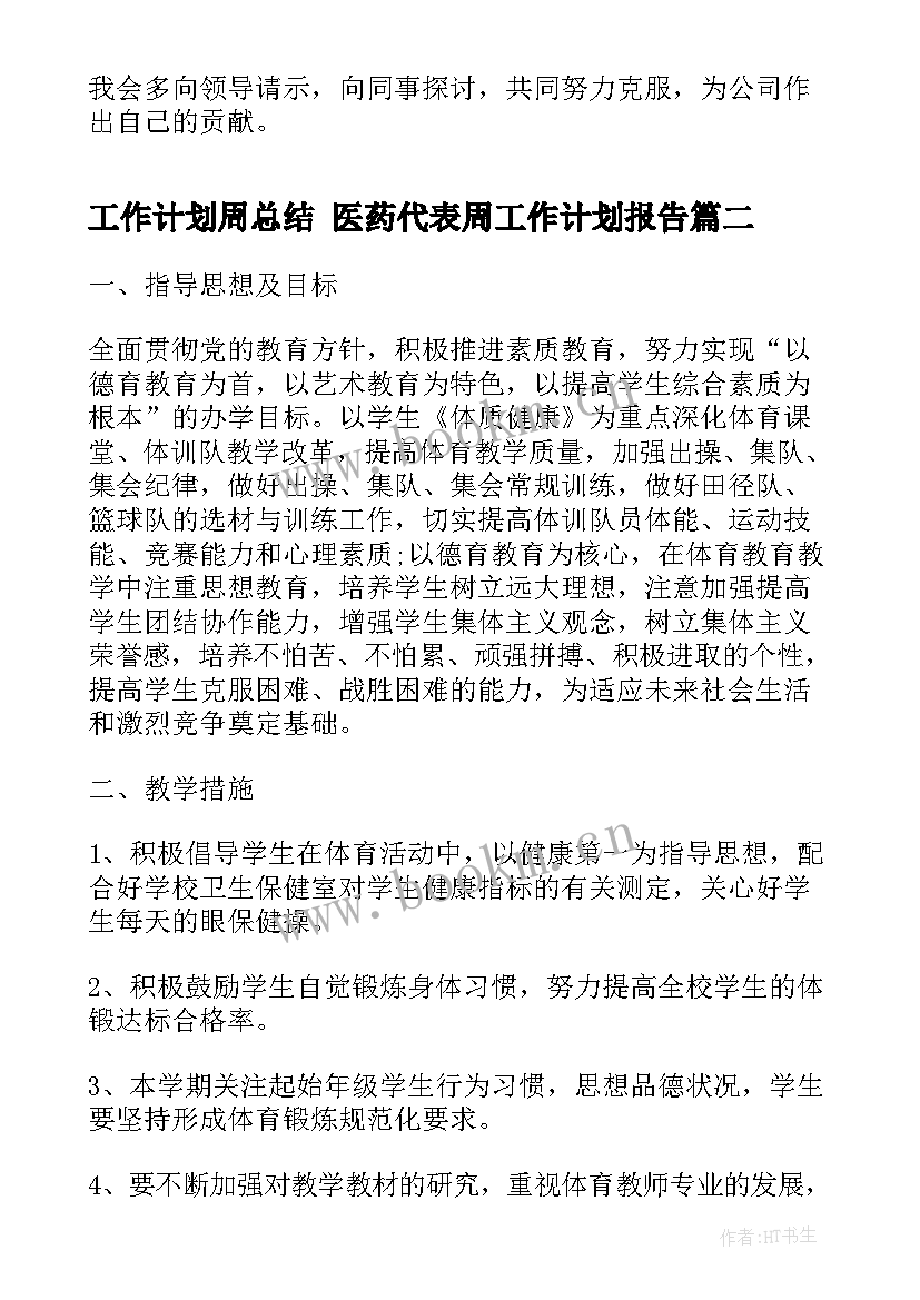 最新工作计划周总结 医药代表周工作计划报告(实用10篇)