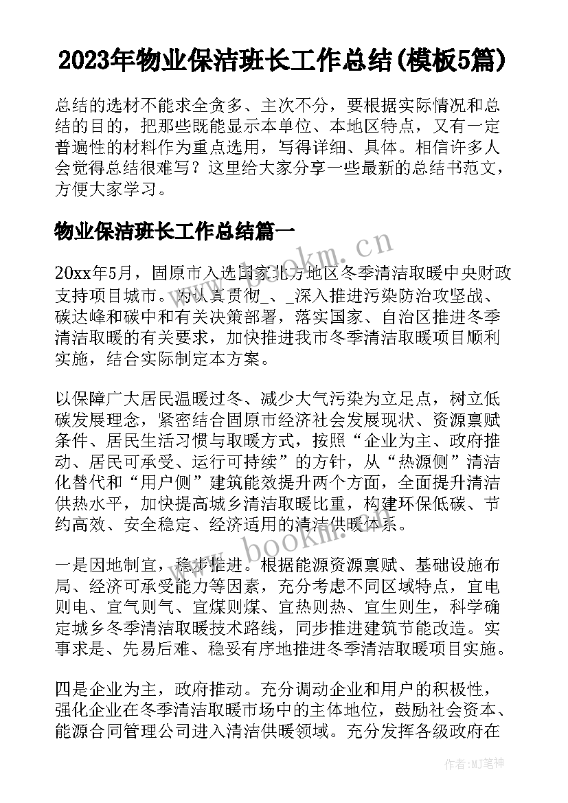 2023年物业保洁班长工作总结(模板5篇)