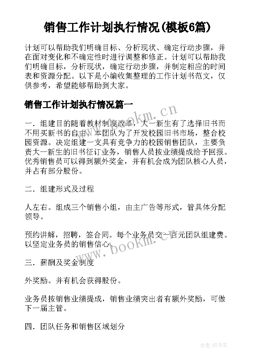 销售工作计划执行情况(模板6篇)