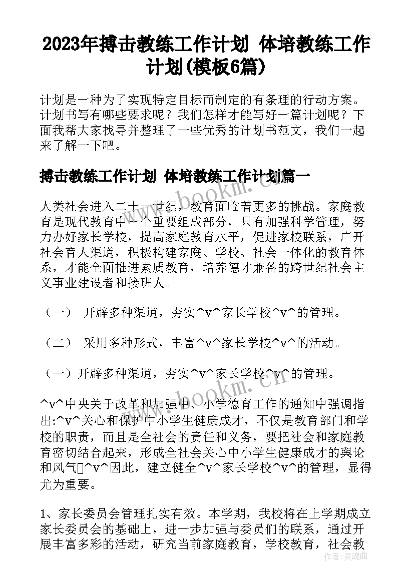 2023年搏击教练工作计划 体培教练工作计划(模板6篇)