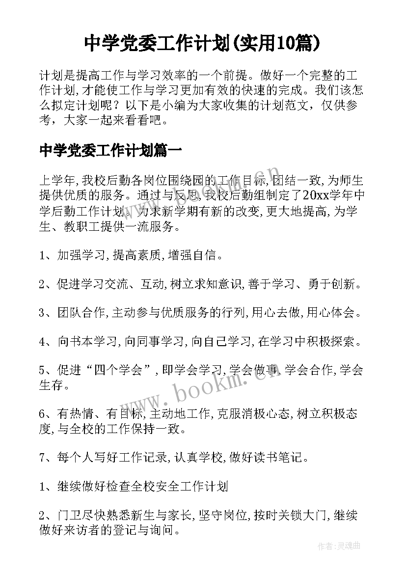 中学党委工作计划(实用10篇)