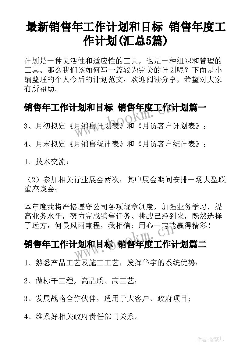 最新销售年工作计划和目标 销售年度工作计划(汇总5篇)