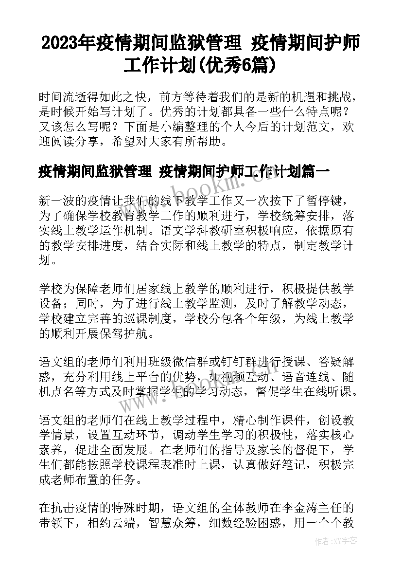 2023年疫情期间监狱管理 疫情期间护师工作计划(优秀6篇)