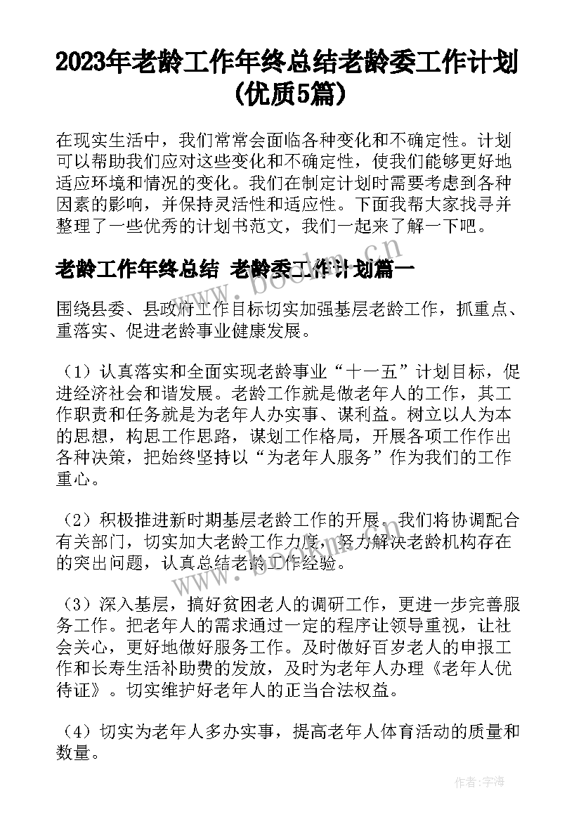 2023年老龄工作年终总结 老龄委工作计划(优质5篇)