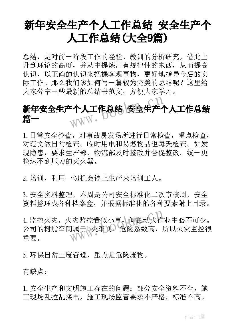 新年安全生产个人工作总结 安全生产个人工作总结(大全9篇)