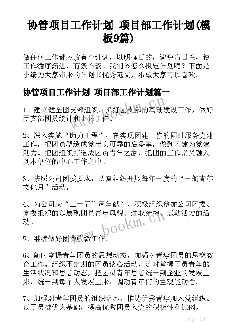 协管项目工作计划 项目部工作计划(模板9篇)