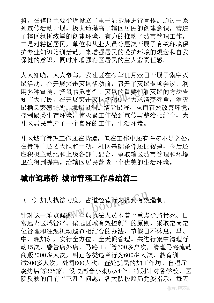 2023年城市道路桥 城市管理工作总结(通用8篇)